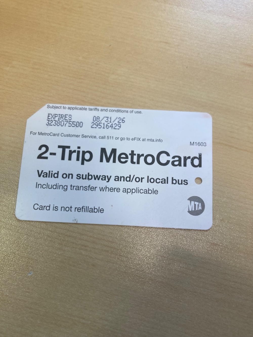Metro card 2 way used - Picture 2 of 3